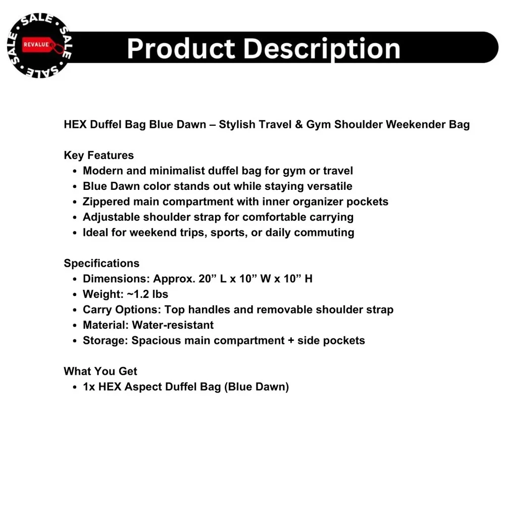 HEX‎ Duffel Bag Blue Dawn – Stylish Travel & Gym Shoulder Weekender Bag